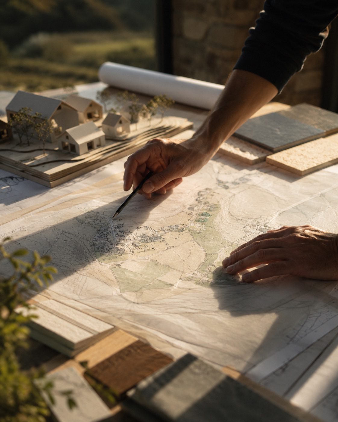 Site plans, models and material samples on a table